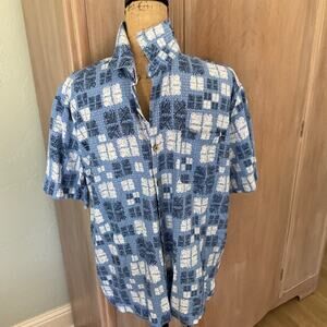 Nat Nast Button Blue 70%  Silk‎ 30%Cotton Camp Shirt Sz L Hawaiian geometric